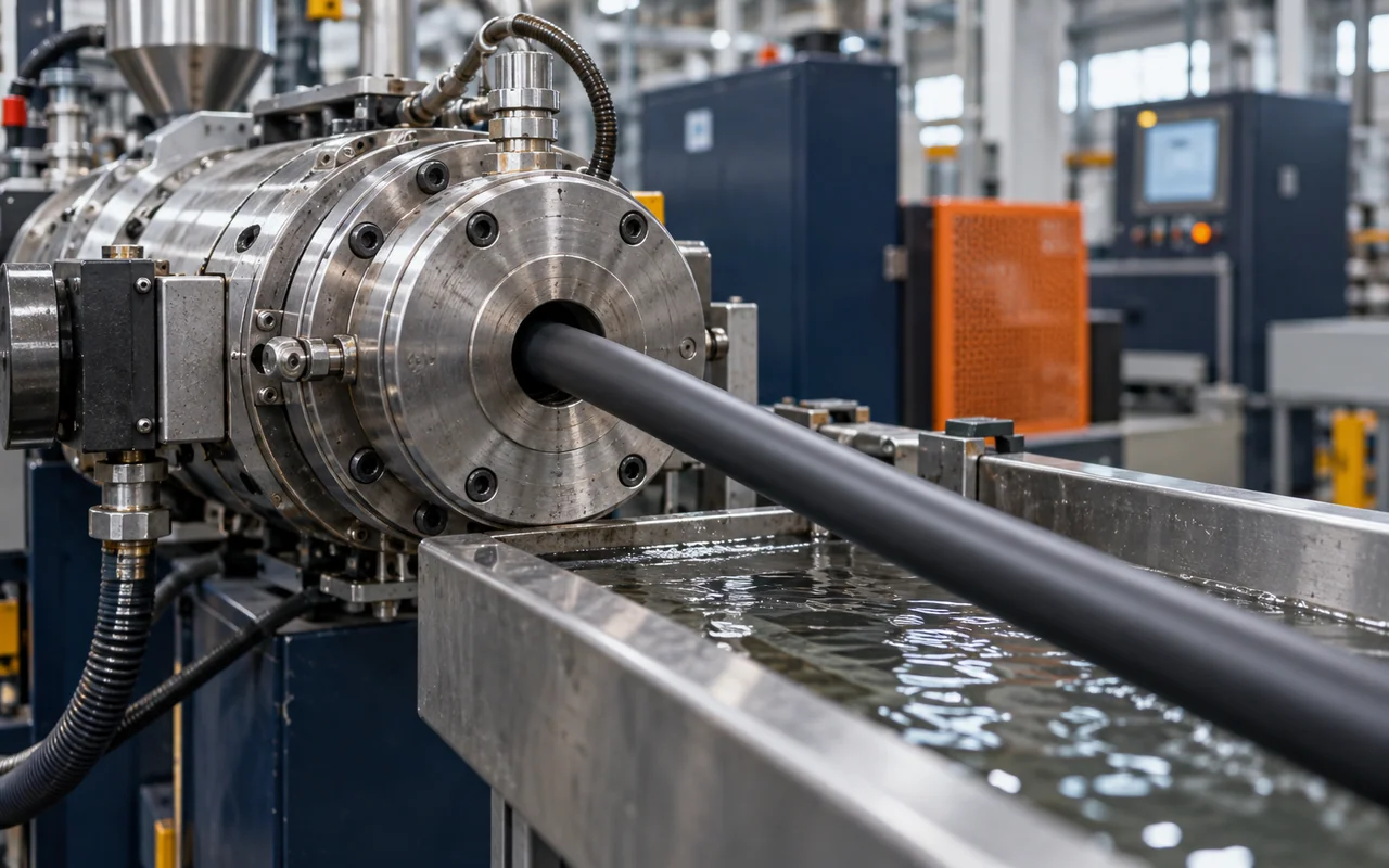 Black cable jacket emerging from an extrusion die beside a cooling trough