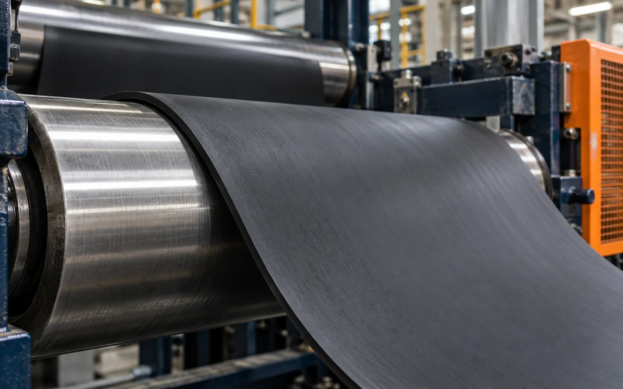 Continuous black rubber sheet carried over a stainless calender roller