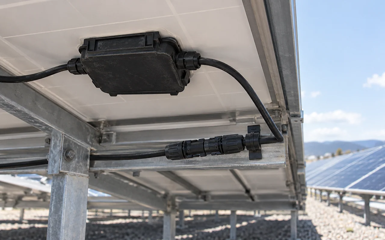 Solar junction box and protected cable connections beneath photovoltaic panels