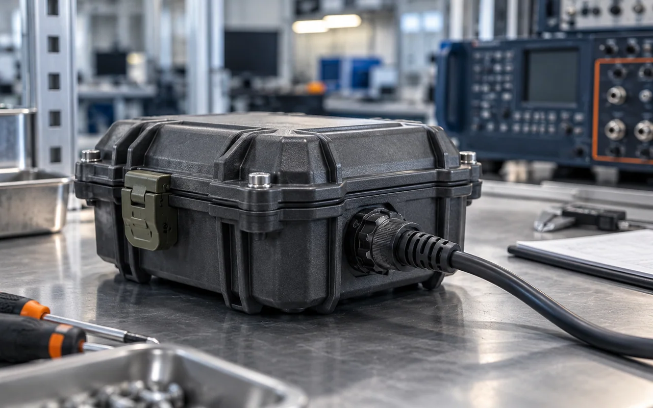 Rugged polymer electronics enclosure with a gasket seam and secured cable connector